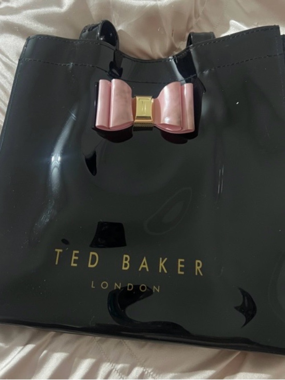 Ted Baker Minicon Black Patent Tote with Pink Bow and Gold Hardware